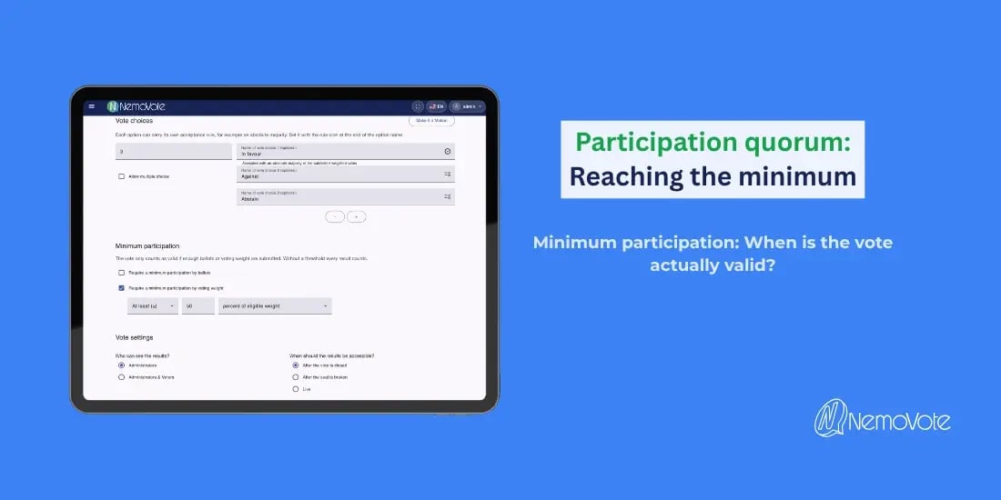 nemoVote vote settings displaying minimum participation, quorum, by ballots and by voting weight, as absolute number, or percentage