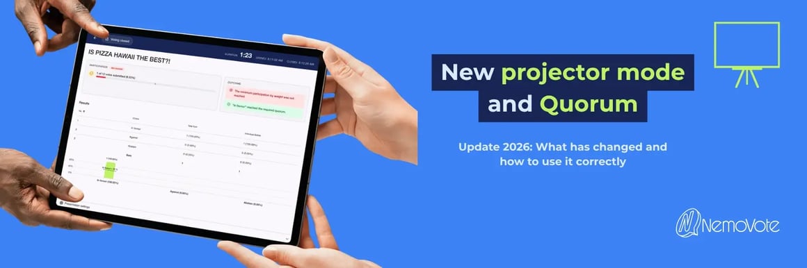 Tablet presenting NemoVote projector mode results view with outcome participation rate results as a table and graphically