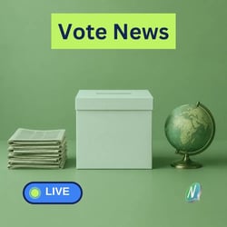 caption "vote news": newspaper, ballot box and globe next to the nemovote logo and a live ticker