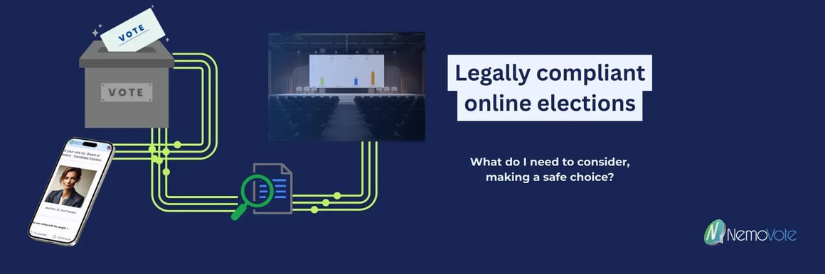 Legally compliant online elections: "What do I need to consider for a secure election?" With the nemovote logo and data protection highway, from the digital ballot paper to the digital ballot box with encryption for the result.