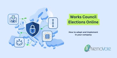 minimalistic design of european map with security icons text "works council elections online" and NemoVote Logo