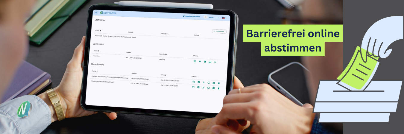 Zwei Personen vor dem Tablet mit NemoVote, Wahlleiter Ansicht. Text "Barrierefrei online Abstimmen". NemoVote Logo und Icon einer Stimmzettelabgabe