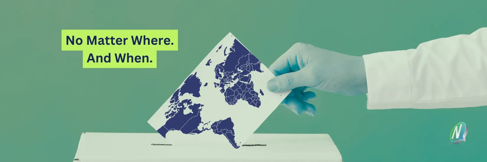 Ballot paper with world map is placed in ballot box, above it the text No matter when. No matter where. Small NemoVote logo. Interpretation: Shows the voting advantage of flexibility.