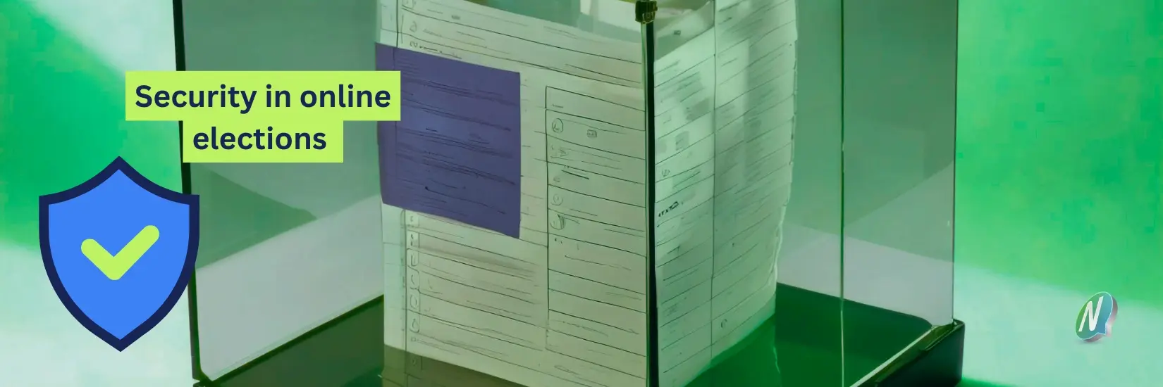 Transparent ballot box displays virtual ballot paper. Above it, the text “Security in online elections”, security shield icon and NemoVote logo.