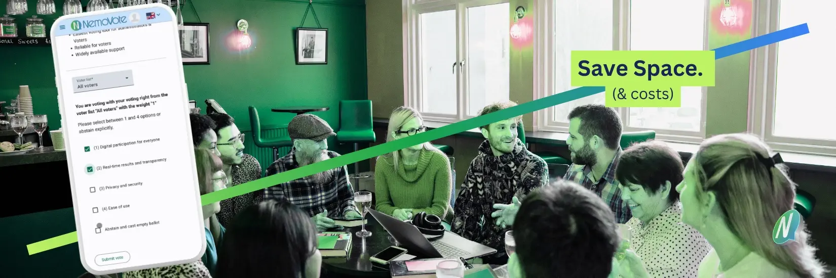 Group sitting in a bar, scenery crossed out. Above it, NemoVote on a smartphone and text “Save (room) space. Vote online.”
