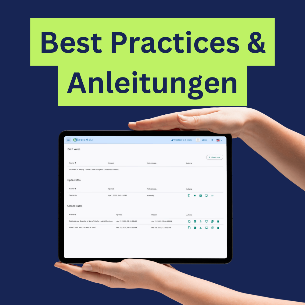 NemoVote auf iPad in zwei Händen, hinter Text "Best Practices und Anleitungen"