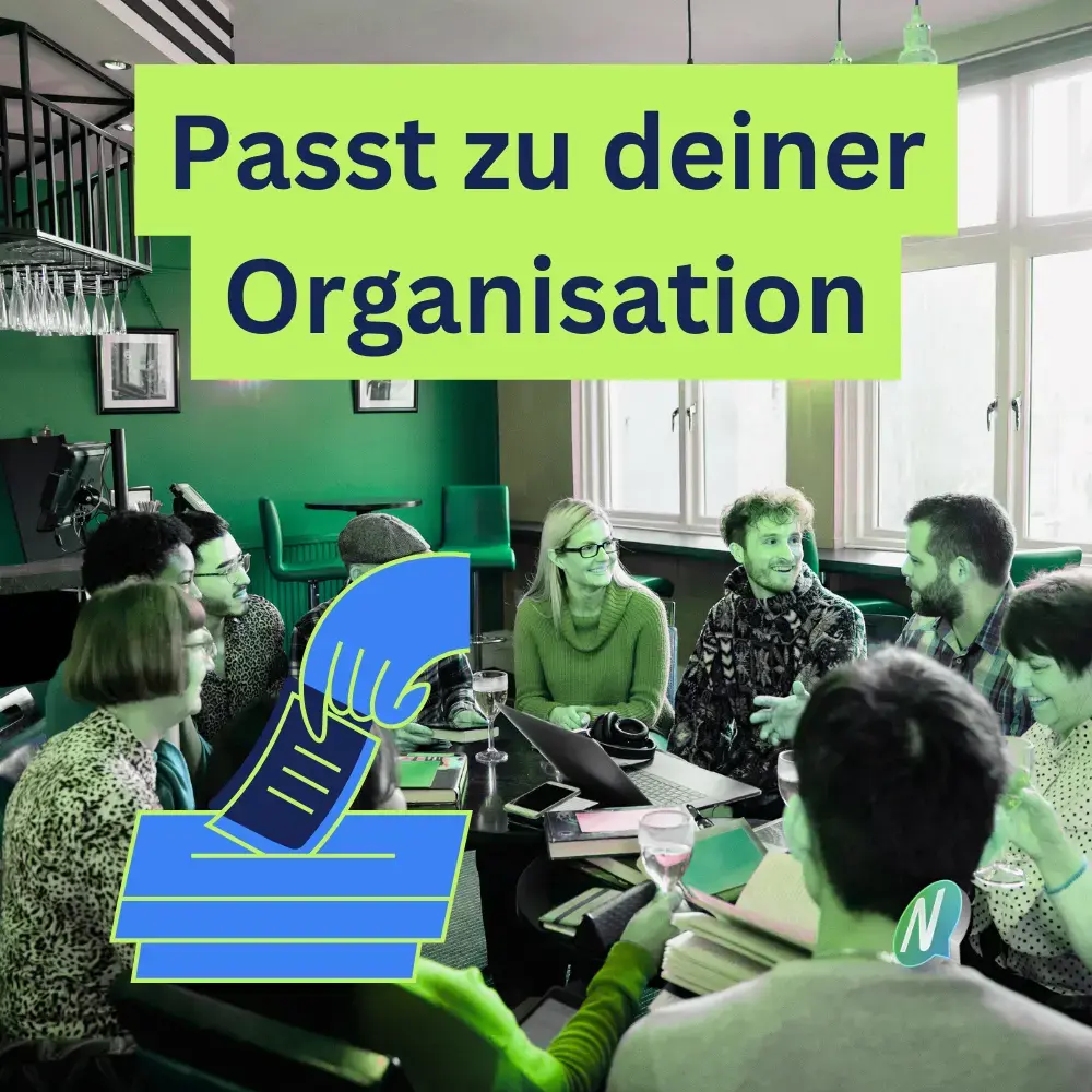 Verein, oder NGO trifft sich, kleine Live Präsenz-Versammlung, darüber Text "Passt zu deiner Organisation", kleine Stimmzettel-Grafik