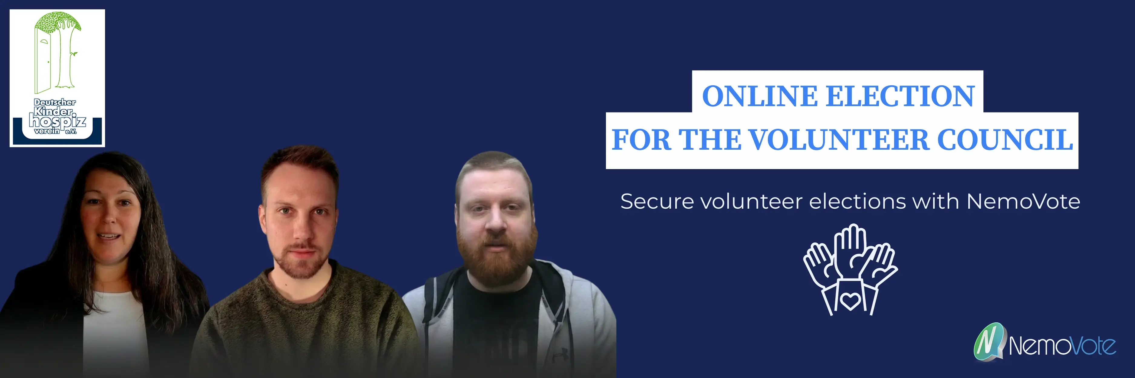 Hero image for a NemoVote podcast article about DKHV’s online election for the Volunteer Council, showing three speakers, the DKHV logo, a volunteer icon, and the NemoVote logo on a dark blue background.