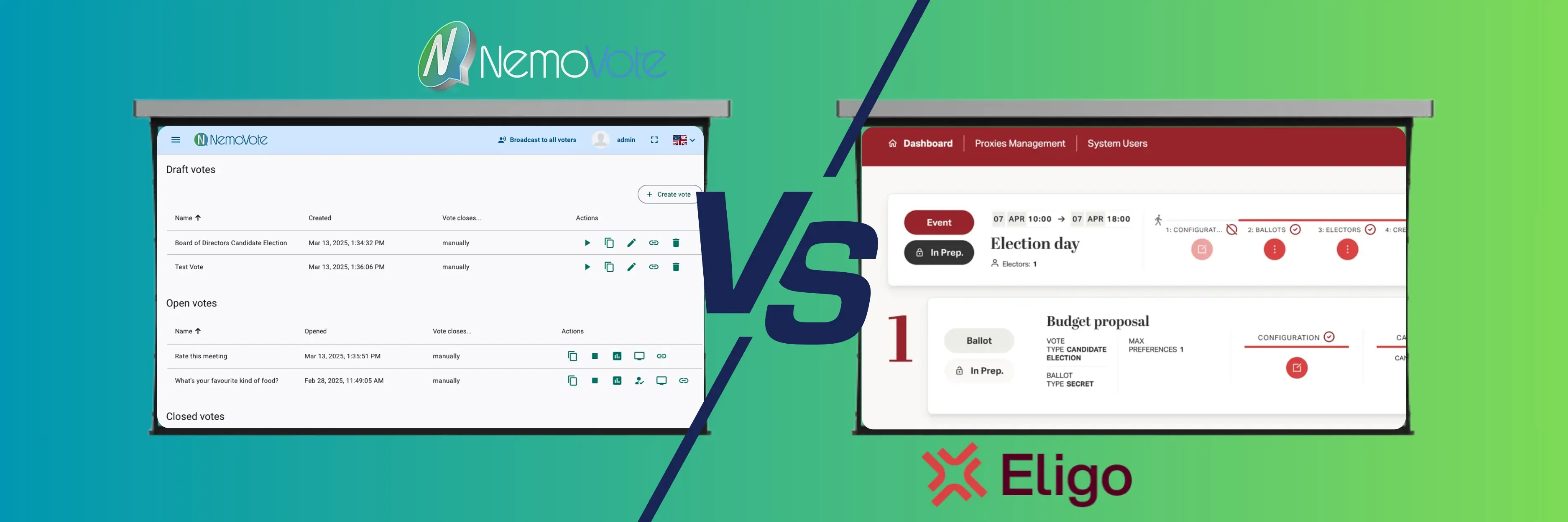Side-by-side comparison image showing the NemoVote dashboard on the left and the Eligo election management interface on the right, separated by a large ‘VS’ on a teal–green gradient background