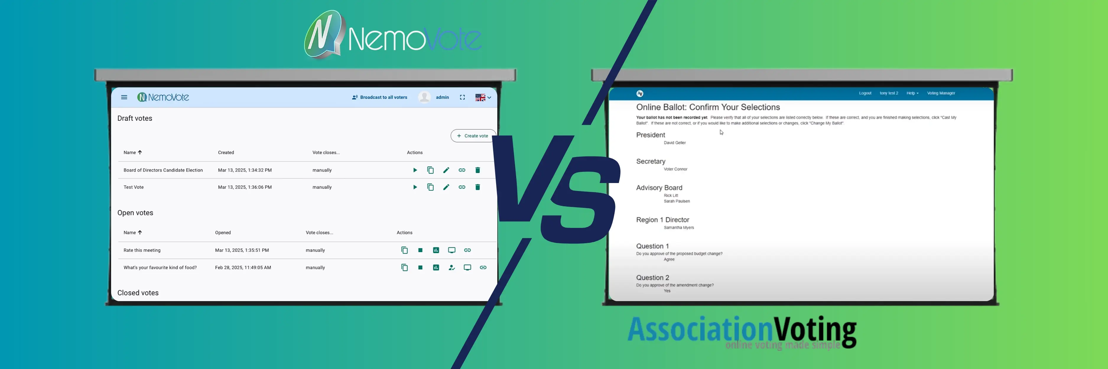 Side by side comparison of NemoVote and AssociationVoting user interfaces showing the admin dashboard and online ballot view