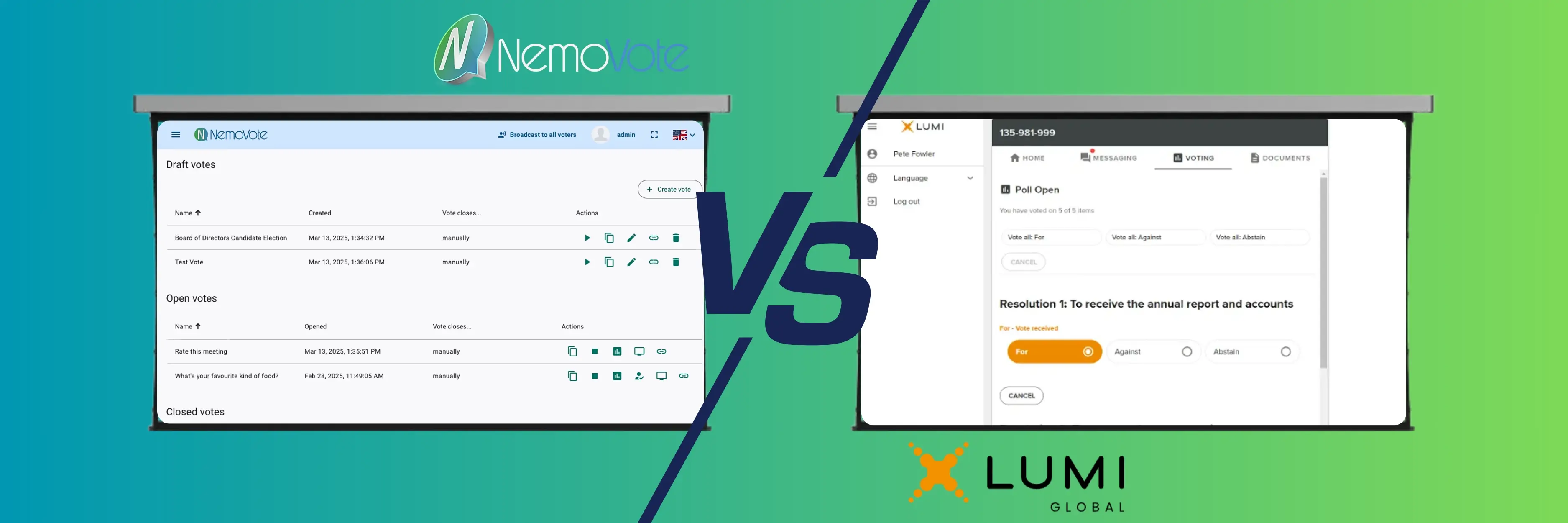 Side by side comparison of the NemoVote admin dashboard and the Lumi Global voting interface, highlighting differences in election management, user experience, and voting workflows.