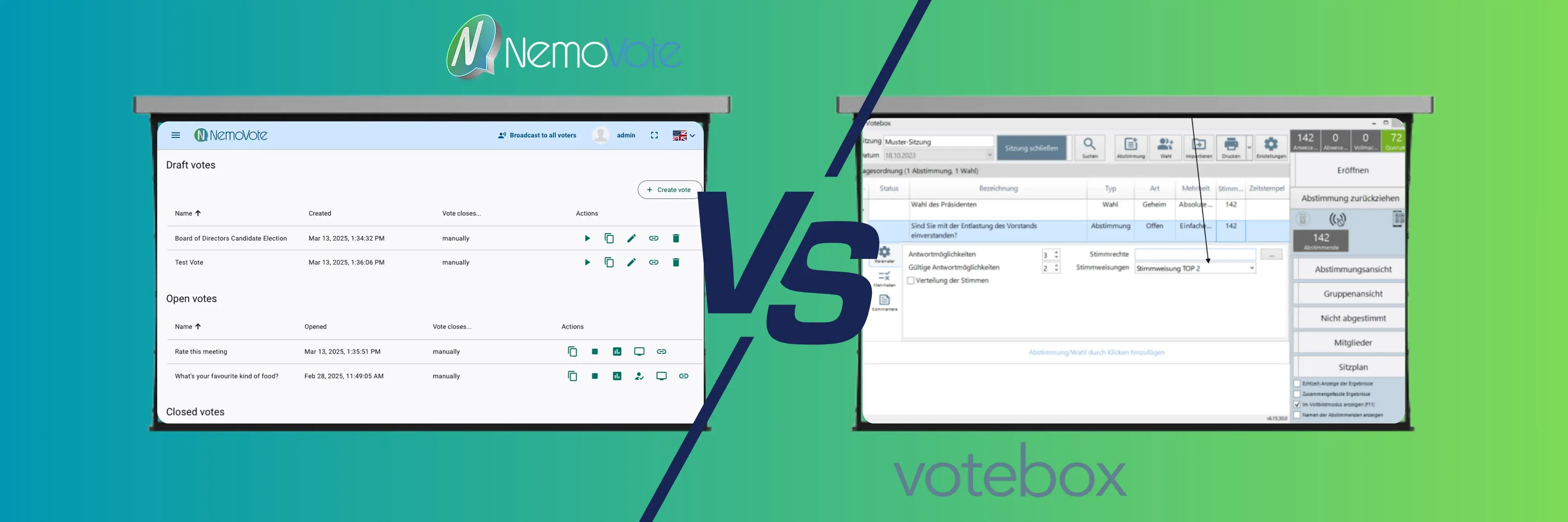 Side by side comparison of NemoVote and VoteBox interfaces showing voting management dashboards, highlighting differences in usability and interface design.