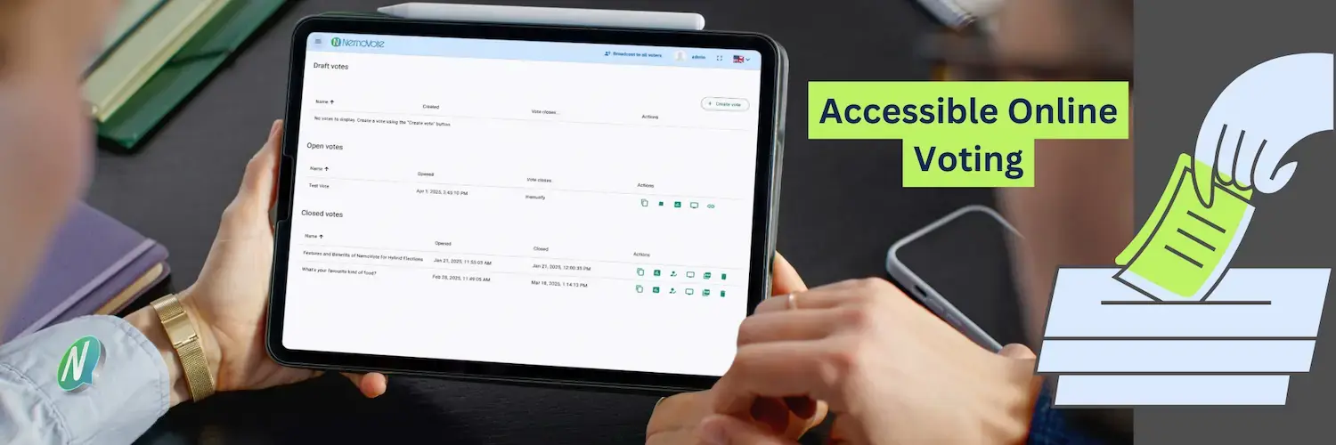 Two people in front of a tablet with NemoVote, election supervisor view. Text: "Accessible online voting". NemoVote logo and ballot submission icon. Two people in front of a tablet with NemoVote, election supervisor view. Text: "Accessible online voting". NemoVote logo and ballot submission icon.