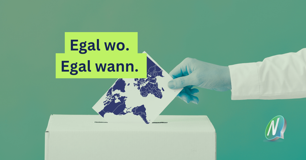 Egal wann und wo - vor dem Stimmzettel in der Wahlurne mit Weltkarte in den NemoVote Farben.
