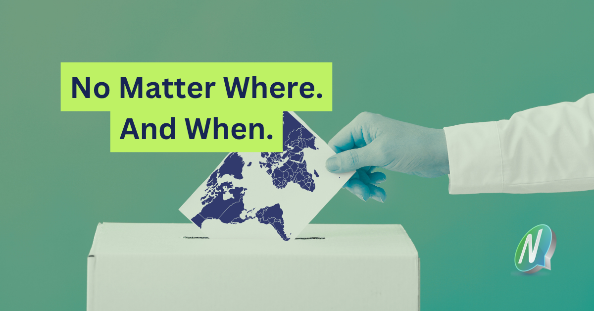 Ballot in Ballot box cast with World Map and text "no matter where. no matter when" and NemoVote Logo