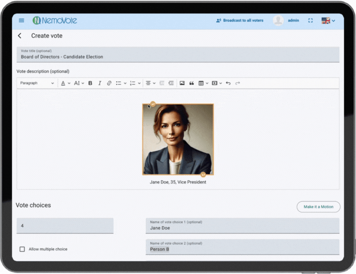 Candidate profile is created in NemoVote. The title and description on the ballot are changed.