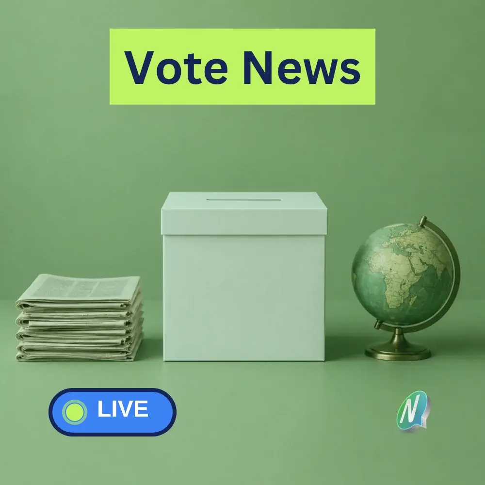caption "vote news": newspaper, ballot box and globe next to the nemovote logo and a live ticker